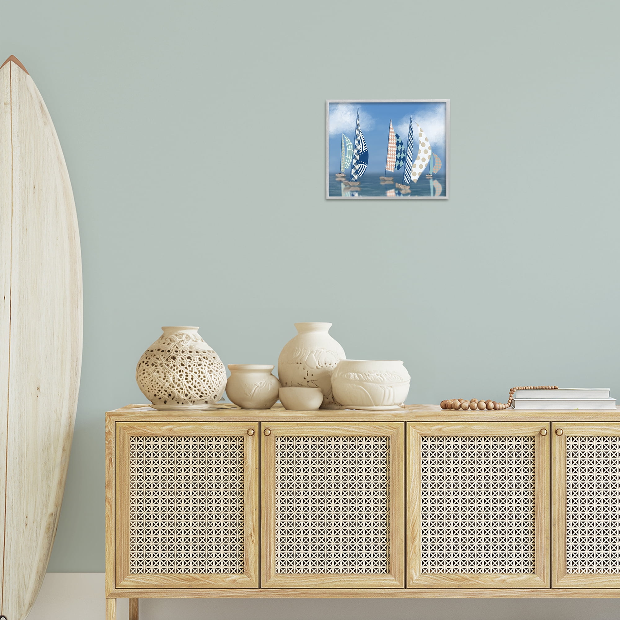 Stupell Industries Patchwork Coastal Sailboats Transportation Painting Gray Framed Art Print Wall Art, 14 x 11