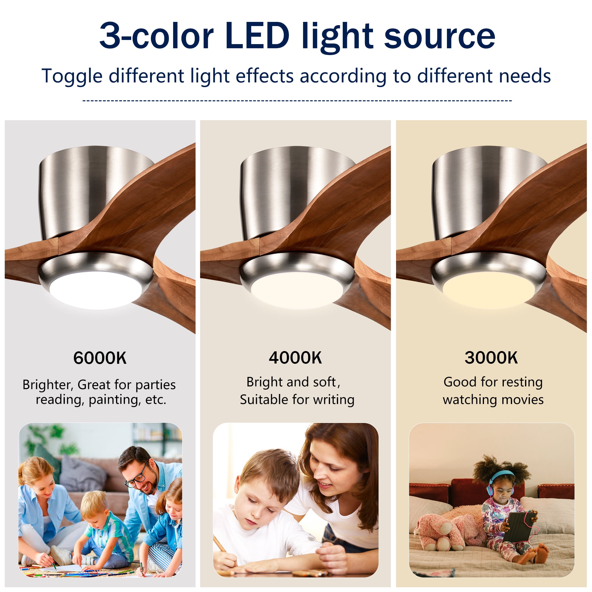 Leumius 52" Solid Wood Blades Ceiling Fan with Light and Remote Control, Noiseless Reversible Motor, 6 Speed for Patio Living Room, Bedroom Nickel
