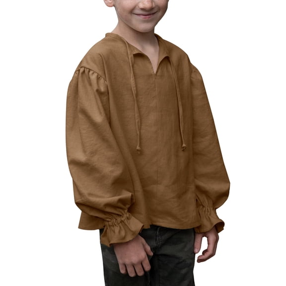 Domuza Boys Medieval Pirate Costume Shirt Kids Medieval Renaissance Ruffled Long Sleeve Tops Brown 110