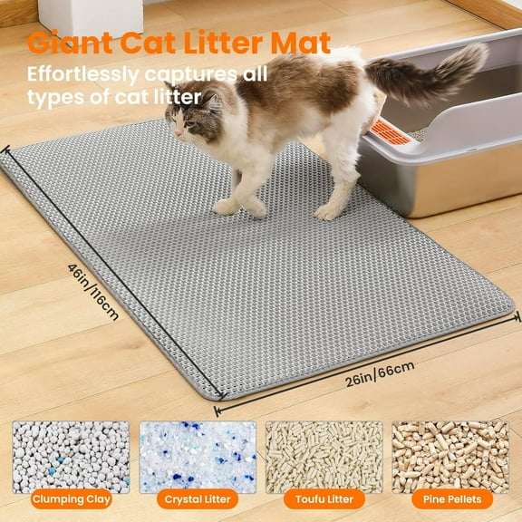 Jumbo Cat Litter Mat, 46x26 Inches Double Layer  Litter Trapping Mat, Non Slip Waterproof Urine Proof Extra Large Cat Litter Box Mat, XXL, Gray