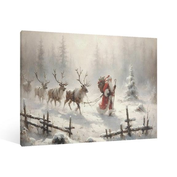 Vintage Christmas Snowscape Deer and Santa Claus Wall Art Paint Framed - Retro Xmas Festive Winter Holiday Christmas Wall Decor Canvas Print for Living Room Kitchen Home Bedroom Decor