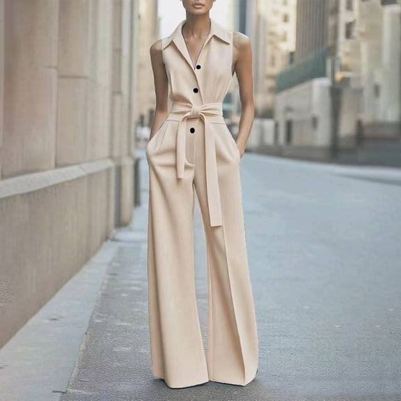 Kojanyu Women’S Summer Solid Color Sleeveless Jumpsuit – Wide-Leg Overalls with Pockets & Adjustable Straps for Casual & Boho Style,Beige,L