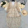 thumbnail image 2 of MORTTIC Women's Bohemian V-Neck Floral Print Dress - Long Sleeve Asymmetrical Hem Maxi Dress for Spring/Summer Beige S, 2 of 7
