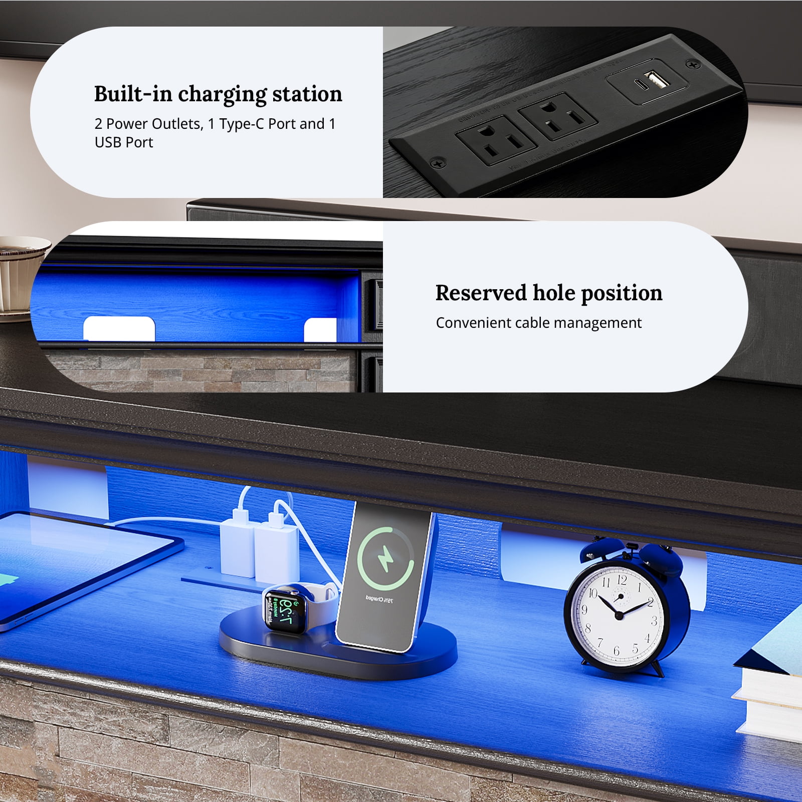 Holliwill 72" TV Stand for TVs up to 80" with Charging Station & LED Light, Electric Fireplace with Mantel, Entertainment Center with 23" Red Brick Electric Heater, Black