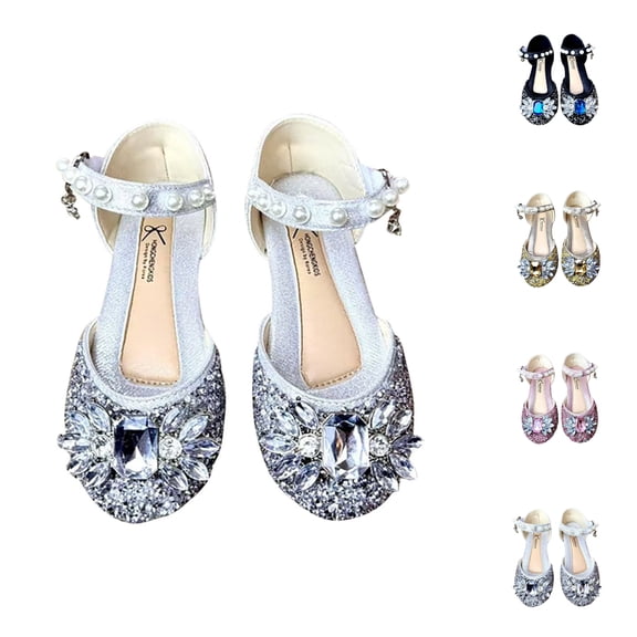 SGFCWSX Girls Ballet Flats Kids Glitter Rhinestone Gem Pearl Ankle Strap Wedding Party Flower Girl Shoes Silver Size 5 Years
