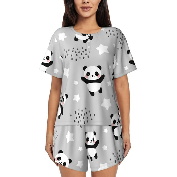 Balery Pandas Conjunto de Pijama para Mujer con Estampado, Dos Piezas de Manga Corta y Shorts, Ropa de Dormir Suave con Cuello Redondo y Bolsillos-Large