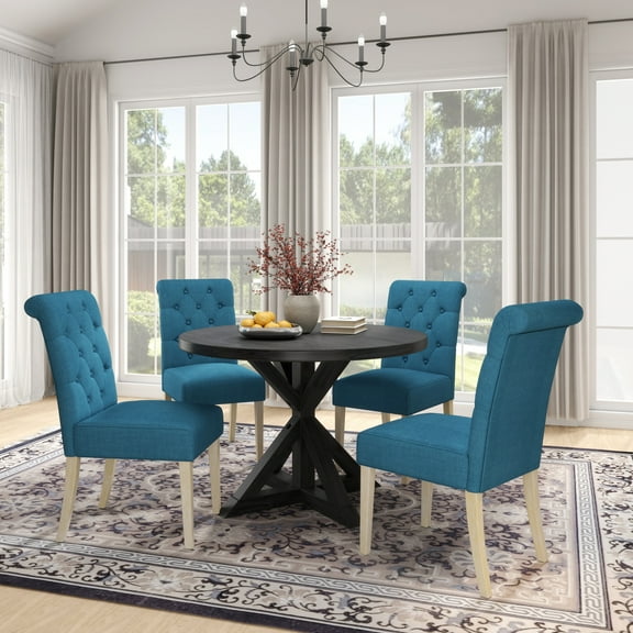 Roundhill Furniture Banff 5-piece Dining Set, Cross-Buck Round Table with 4 Tufted Chairs, Blue