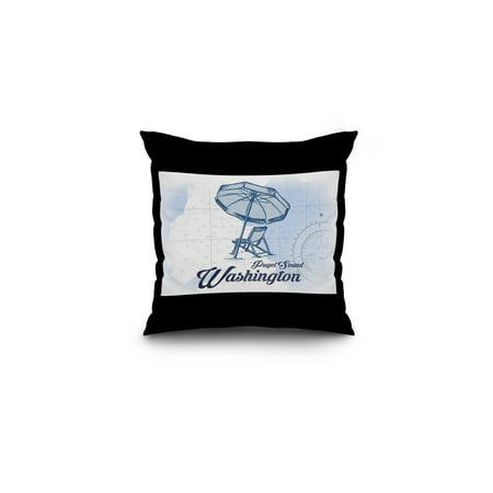 Puget Sound, Washington - Beach Chair & Umbrella - Blue - Coastal Icon - Lantern Press Artwork (16x16 Spun Polyester Pillow, Black (Best Puget Sound Beaches)