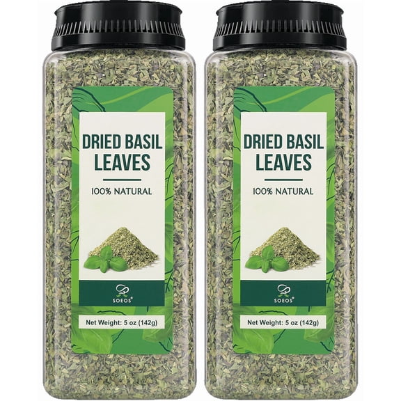 Soeos Dried Basil Leaves 5 oz (142g) Each, Pack of 2, Cut & Sifted Basil Seasoning for Pasta, Pizza, Sauces & Italian Cooking