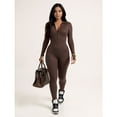 thumbnail image 3 of Women’s Long Sleeve Ribbed Zip-Up Jumpsuit – Slim Fit Bodycon One-Piece Outfit for Workout Lounge Clubwear, 3 of 6