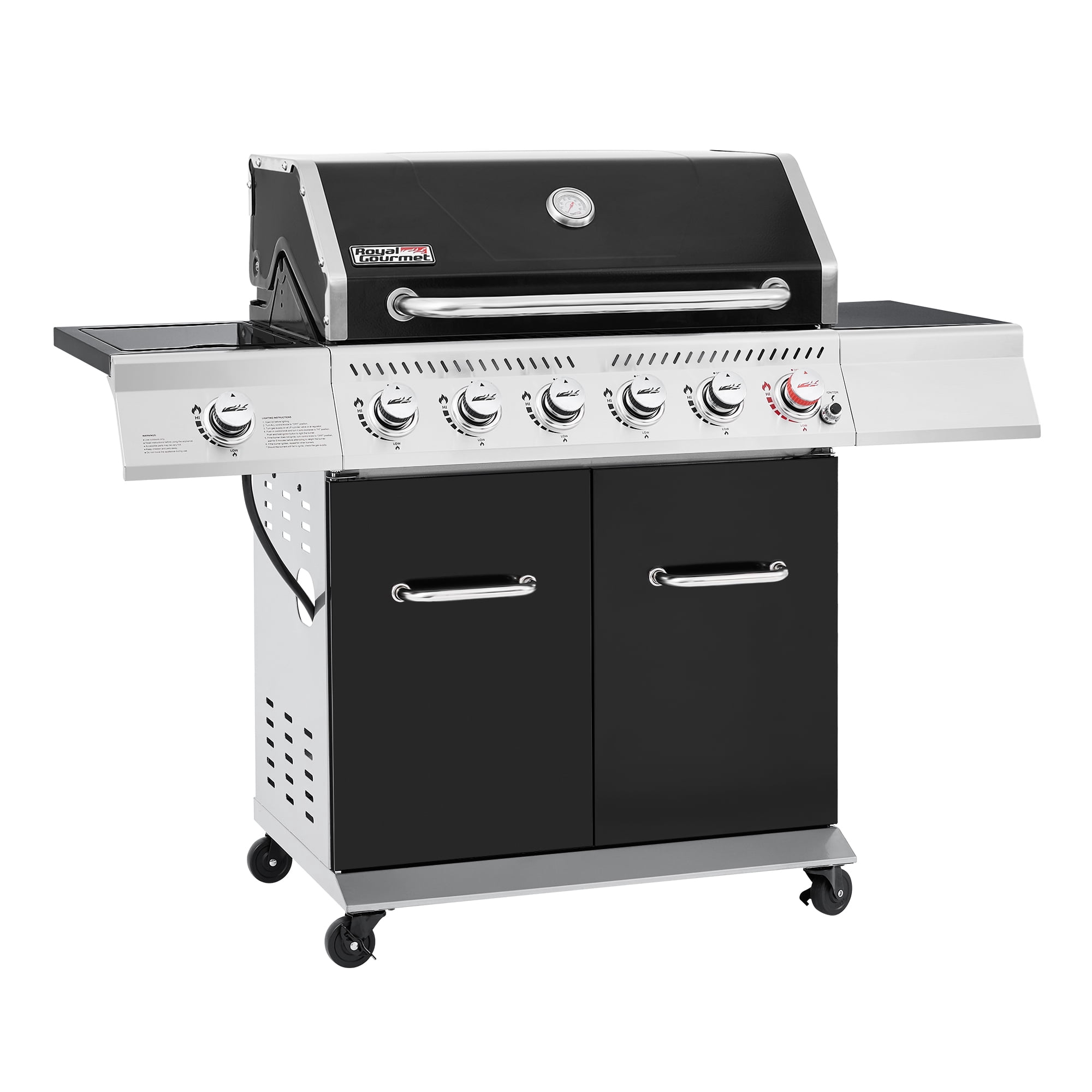 Royal Gourmet GA6402H 6-Burner BBQ Gas Grill with Sear Burner and Side Burner, Cabinet Style Grill for Outdoor Grilling, Black