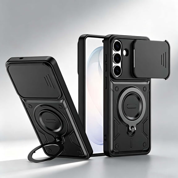 For Samsung Galaxy A17 5G/A26 Rugged Phone Case,360°Rotatable Ring Kickstand,Heavy Duty Shockproof Drop Protection,With Sliding Camera Cover,Non-Slip Anti-Scratch Durable Phone Case Cover,Black