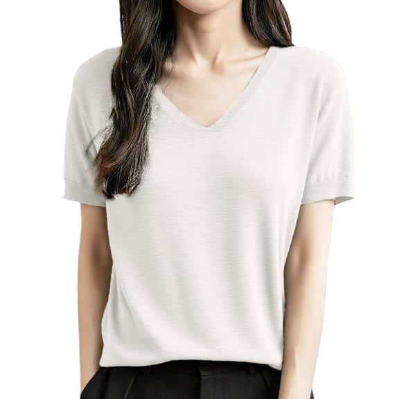 Cnbwig Women's Knitwear Wool Blend V Neck Solid Color Fall Tops Lightweight Loose Knit Casual Blouses for Women Z3-White M