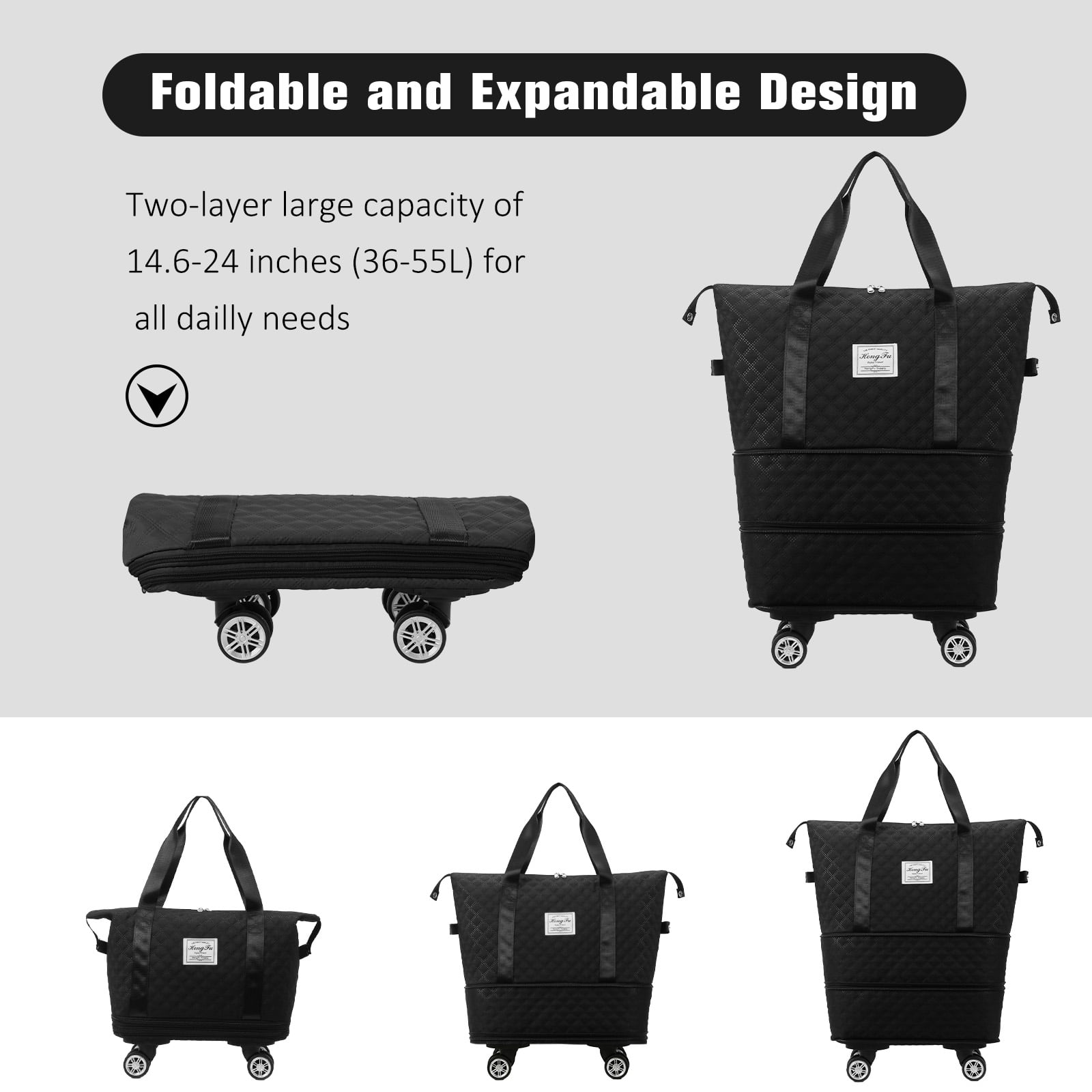 Expandable Rolling Travel Bag With 360° Detachable Wheels Trolley Sleeve Pocket Foldable Luggage Bag Waterproof Carry On Overnight Tote Duffle Bag For Home Storage Gym Moving Camping