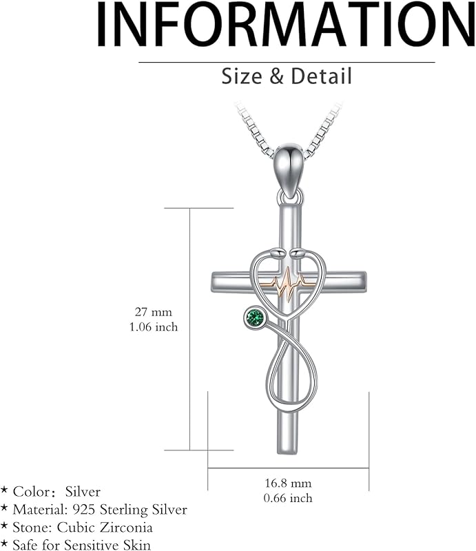 JKR Emerald Gifts for Nurse 925 Sterling Silver Stethoscope Cross Necklace for Women Nurse Birthstone Jewelry Nursing Themed Medicine Nurses Day Gifts Doctor Medical Student RN