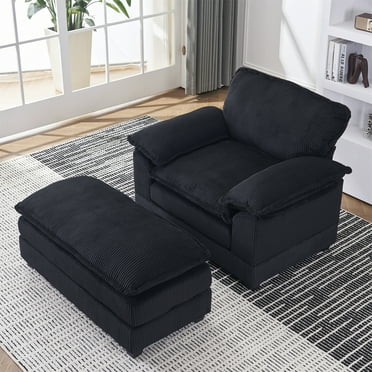 Aukfa 56" Corduroy Chaise Lounge, 2 Pillows, Black