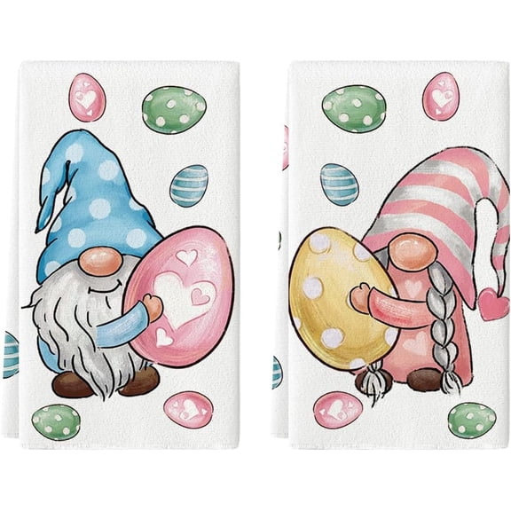 Colorful Eggs Gnome Easter Kitchen Towels Dish Towels, 18x26 Inch Seasonal Spring Decoration Hand Towels Set of 2
