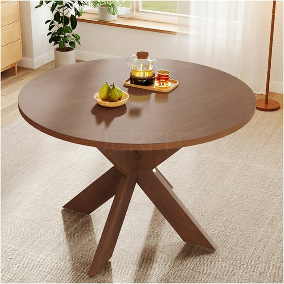 JERFIT 48 inch Round Dining Table for 5, Modern Farmhouse Kitchen Table in Cherry Finish, MDF Top with Pedestal Base