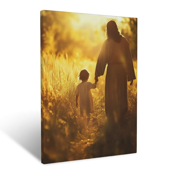 CozyNet Jesus Holding A Small Child Hand, Walking Through A Peaceful Field Under Golden Light Wall Art Prints With Frame Canvas Perfect for Living Room & Bedroom, Ready to Hang, Wall Decor 12"x16"