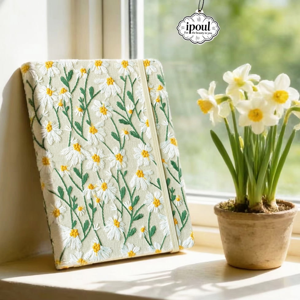 ipoul Daisy Gifts, Embroidered Floral Notebook, A5, 8"x6", Lined Paper, Hardcover, Lay Flat, Pretty Journal for Women, White