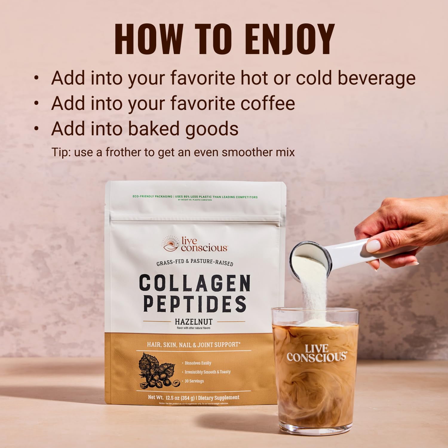 Live Conscious Hazelnut Collagen Peptides Powder, Grass-Fed Types I & III, Skin, Hair, Nails & Joint Support, for Women and Men, 30 Servings