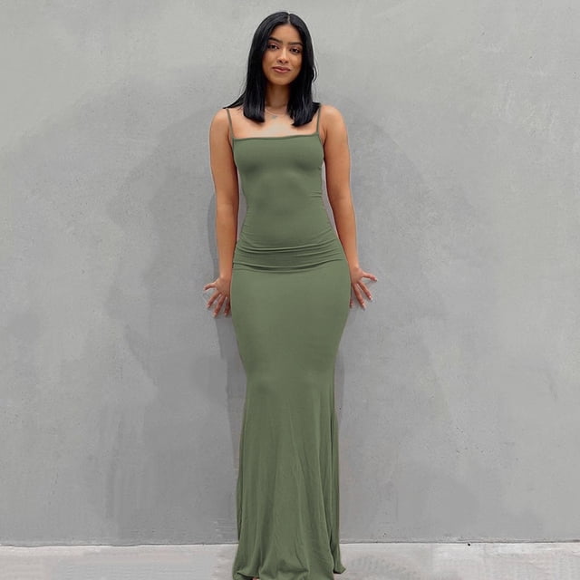 2023 Summer Women Sexy Spaghetti Strap Black Skims Long Dress Y2k Sleeveless Solid Skinny Bodycon Trumpet Maxi Dresses VestidosXXL Gao Jinjia LED
