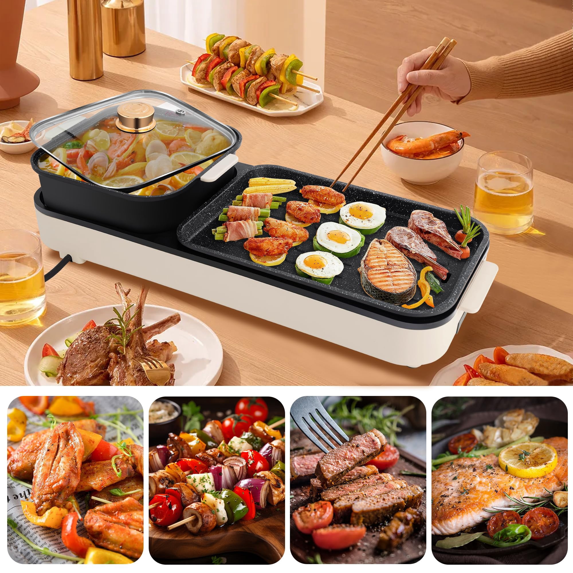 SUSTEAS 2-in-1 Electric Hot Pot with Grill: 1500W Non-Stick Removable Plate, Temperature Control for Indoor Grill for Korean BBQ, Beige