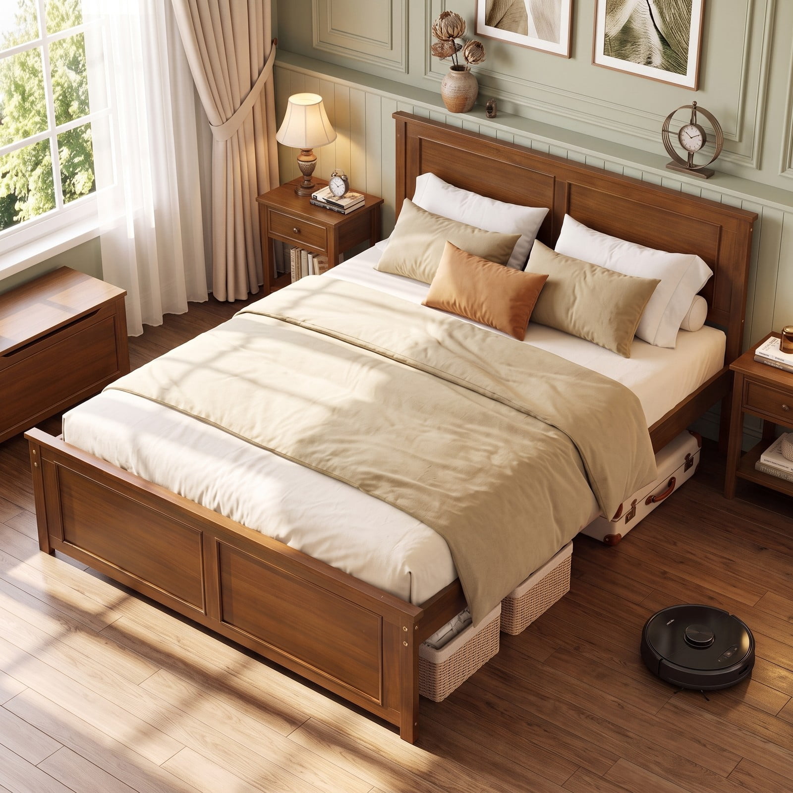 Furnibear Full Size Bed Frame Wood Platform Bed Frame with Raised Panel Headboard and Footboard and Slat Support, Walnut