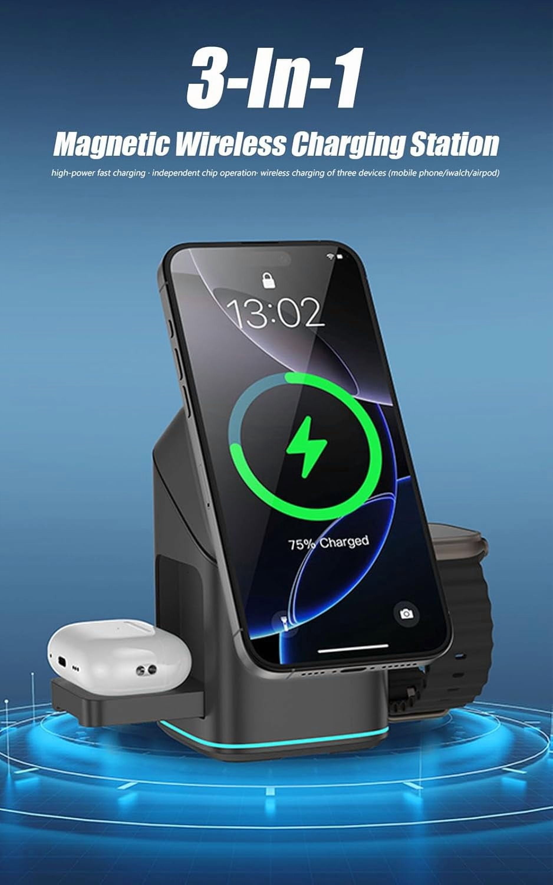 3-in-1 Wireless Charger-Wireless Multi-Device Charging Touch Pop-Up Charging, 15W Fast Charger for iPhone, Samsung, AirPods & Smartwatch | Qi-Certified, Multi-Device Desk Organizer (Black)