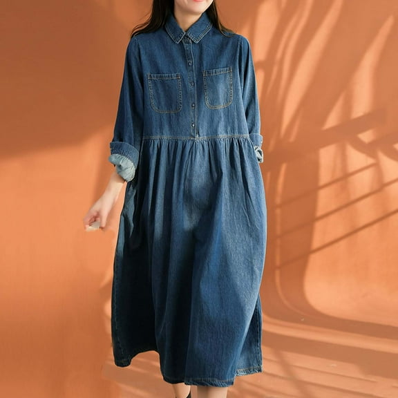 DailyTrove Women's Denim Long Sleeve Turtleneck Midi Dress - Casual Daily & Office Wear, Comfortable for Outings & Work