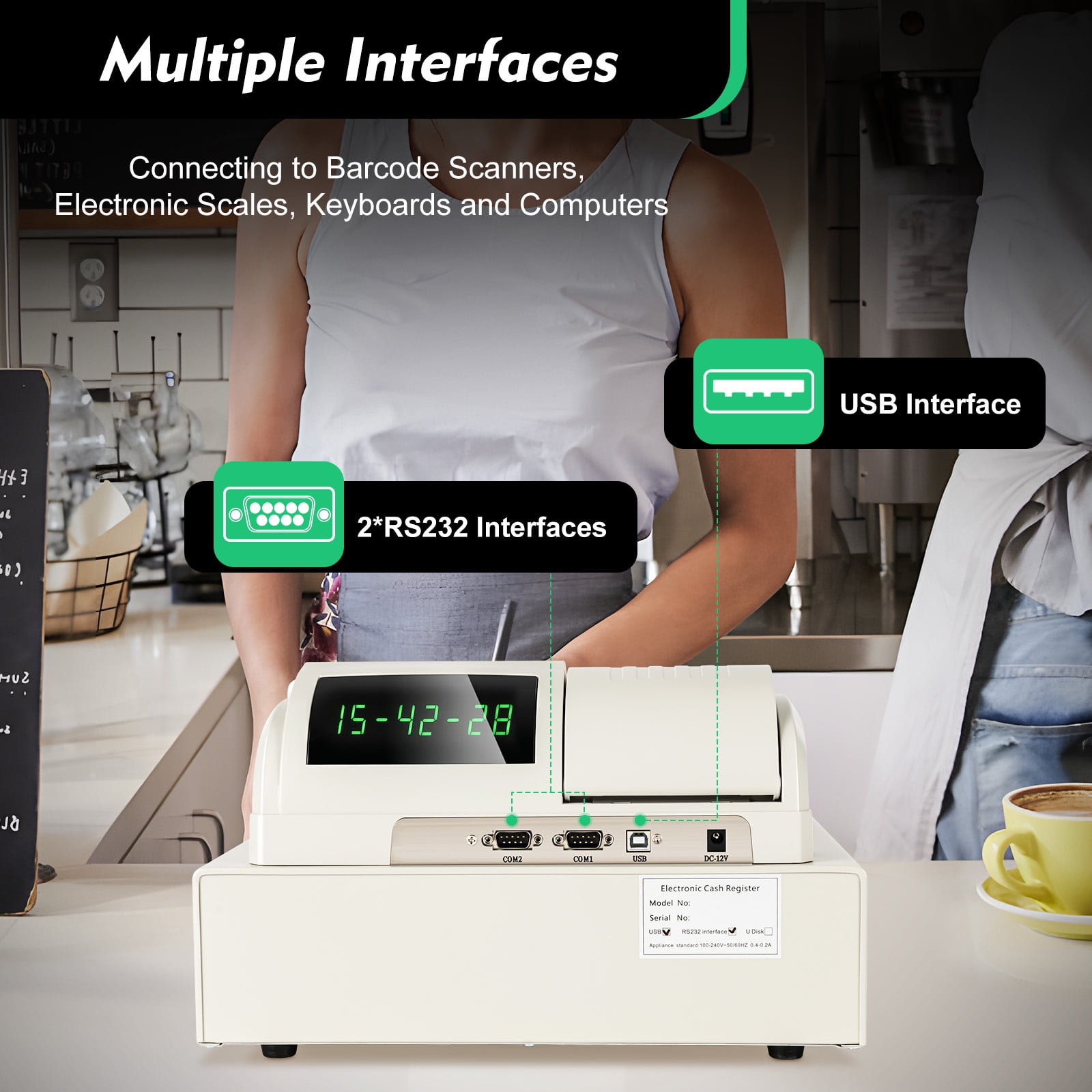 48 Keys Electronic 8 Digital Cash Register, POS System with Cash Tray LED Display for Small Business Retail Restaurant