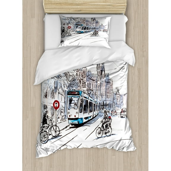 Sketchy Duvet Cover Set, Hand Drawn Tram and Bicyclists Cityscape of Amsterdam Netherlands Urban Life, Decorative 2 Piece Bedding Set with 1 Pillow Shams, Twin Size, Blue Lilac White, by Ambesonne