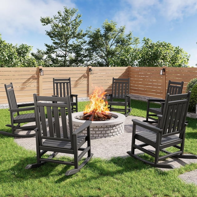 Patio Furniture Poly Lumber Rocking Chair Outdoor Set of 6 HDPE High Back Porch Rocker Chairs for Adults All Weather Resistant Furniture for Patio Black