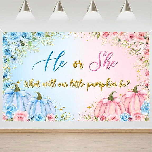 5.9x3.6FT Pumpkin Gender Reveal Backdrop He or She What Will Our Little Pumpkin Be Photography Background Blue or Pink Fall Gender Reveal Party Decorations Banner Supplies Photo Booth Props