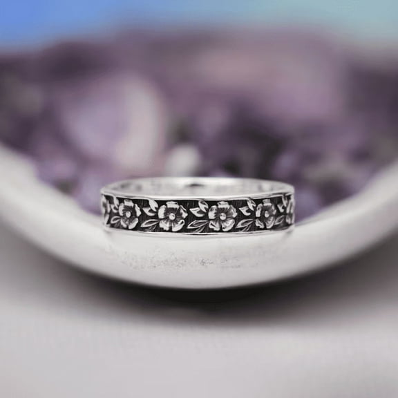 925 Sterling Silver Forget Me Not Ring for Women - Vintage Style Nature Botanical Wedding Band-Long Distance Relationship Ring