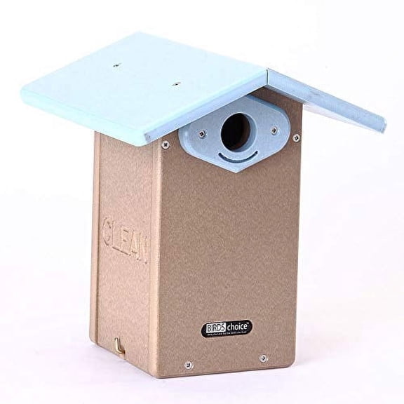 Birds Choice Ultimate Bluebird Pole Mount Wild Bird House Taupe with Blue Roof, with Predator Guards & Extended Roof