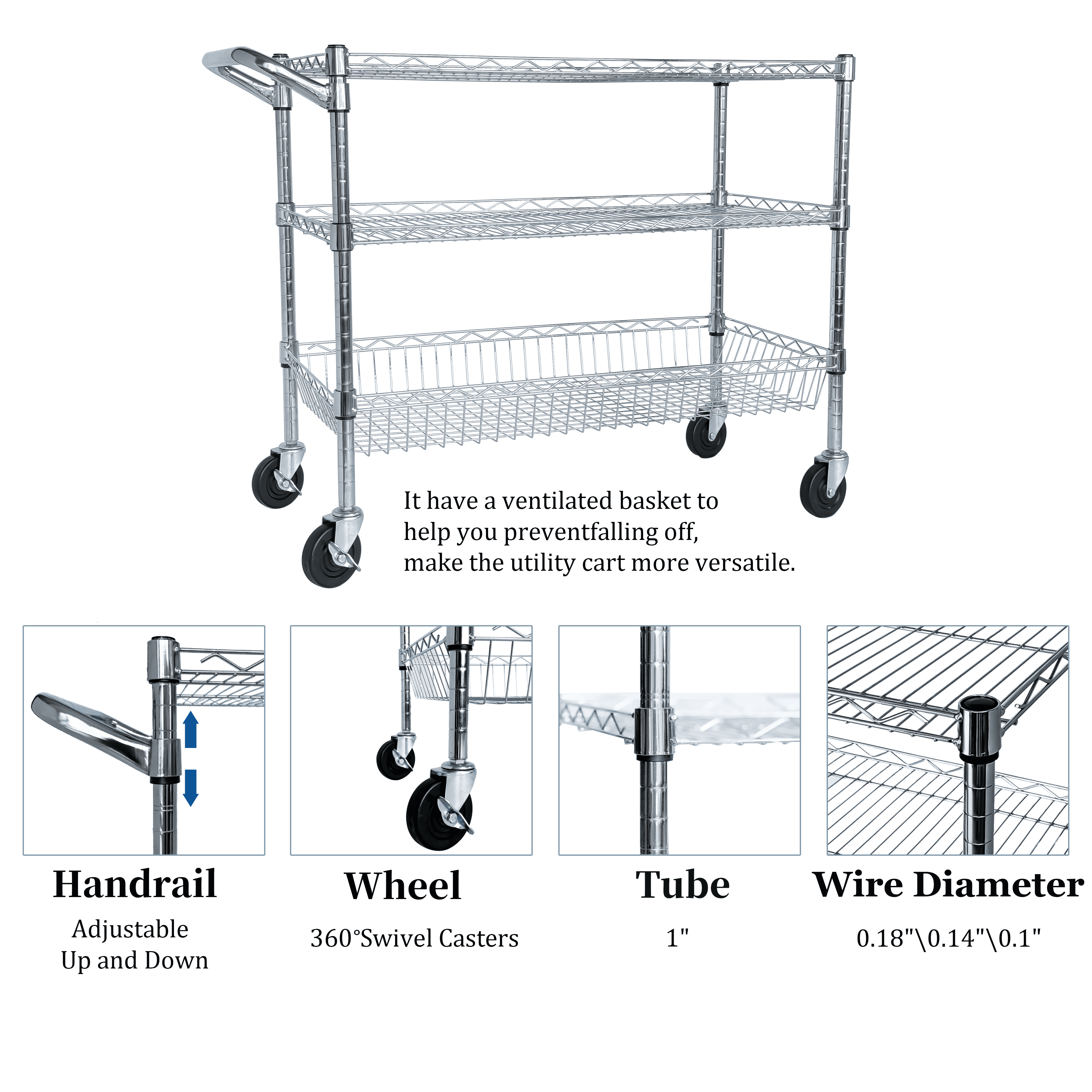 Heavy-Duty 3-Tier Rolling Utility Cart with Handle and Shelf Liners, 36x18x32-Inch Storage Cart for Kitchen and Warehouse, Chrome
