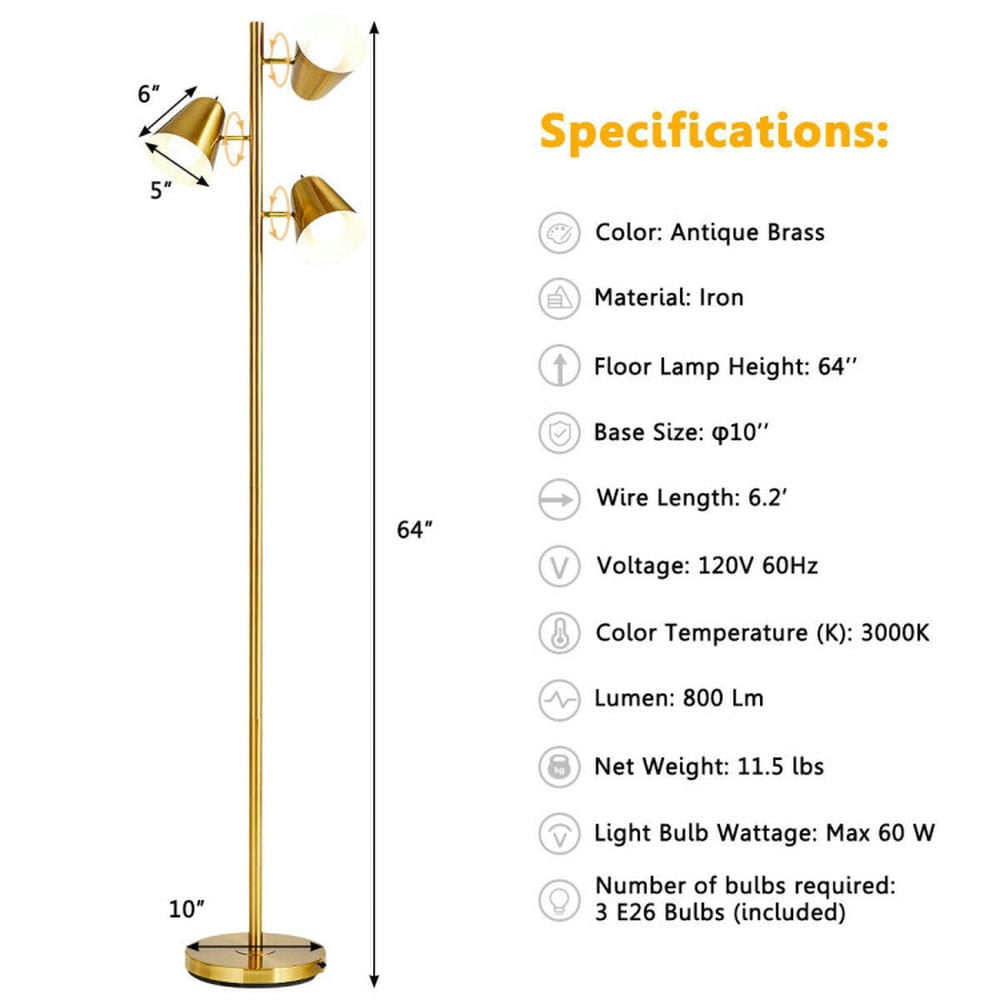 Topcobe 64" 3-Light LED Floor Lamp Reading Light for Living Room Bedroom, Standing Lamps for Bedroom Office Kid Room-Golden