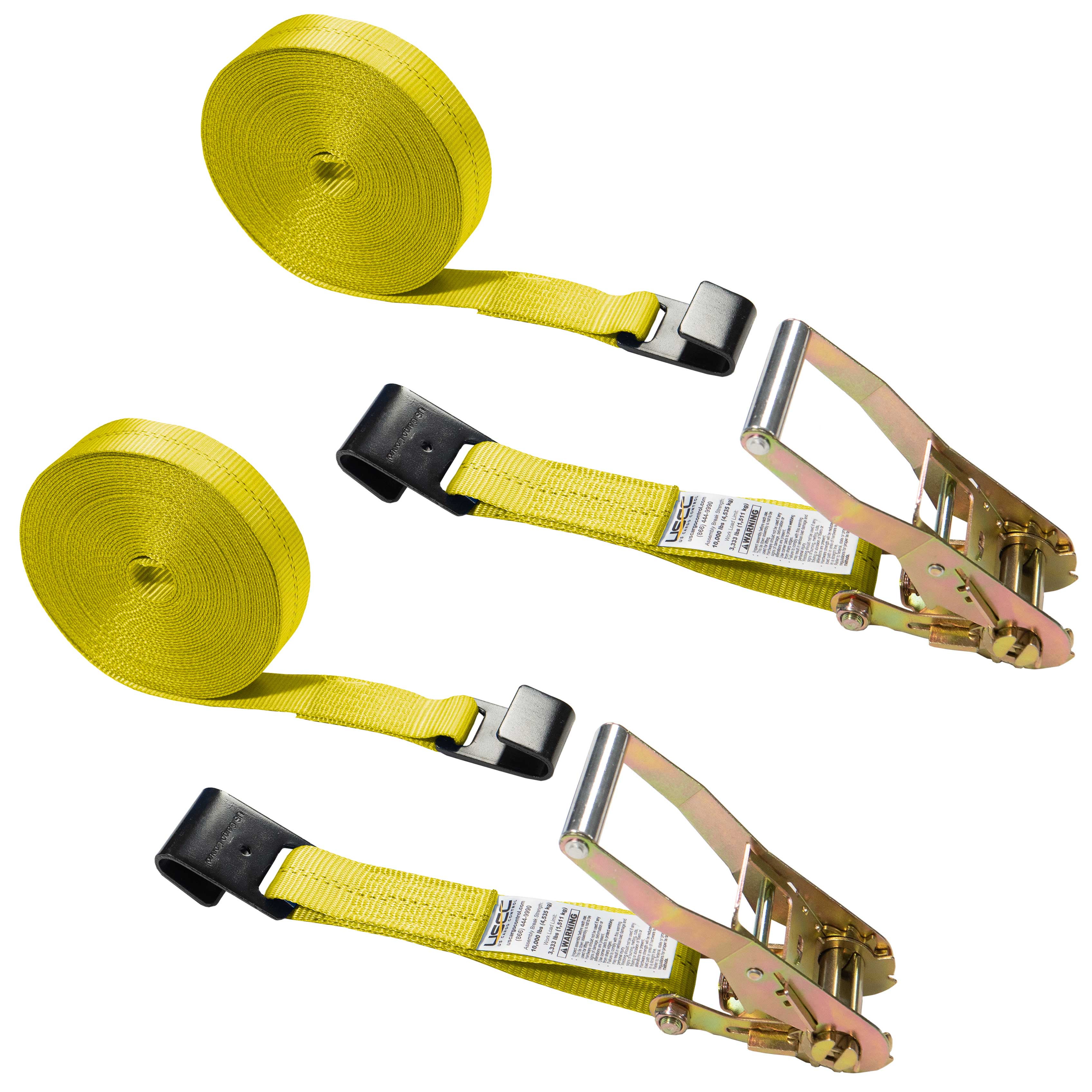2" x 50' Yellow Ratchet Strap w/ Black Flat Hooks 2 Pack