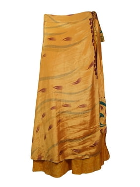 Mogul Women Orange Vintage Silk Sari Magic Wrap Skirt Reversible Printed 2 Layer Sarong Beach Wear Cover Up Long Skirts One Size