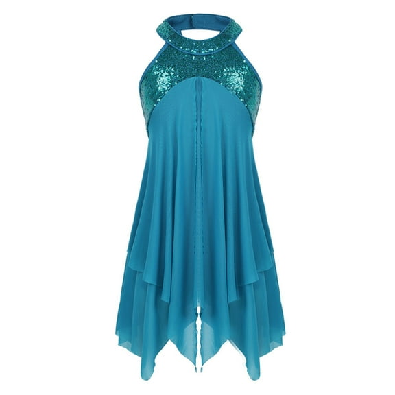 Miutii Children Girls Halter Lyrical Ballet Modern Dance Dress Irregular Hem Skirt Gymnastic Performance Dancewear Turquoise 10