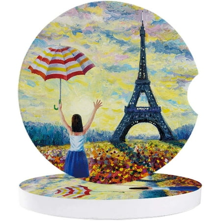 

KXMDXA Eiffel Tower and Little Girl Holding Umbrella Set of 6 Car Coaster for Drinks Absorbent Ceramic Stone Coasters Cup Mat with Cork Base for Home Kitchen Room Coffee Table Bar Decor