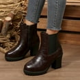 thumbnail image 3 of Womens Platform High Heels Chelsea Boots Fashion Leather Chunky Block Heeled Slip on Mid Calf Ankle Booties Brown Size 9, 3 of 6