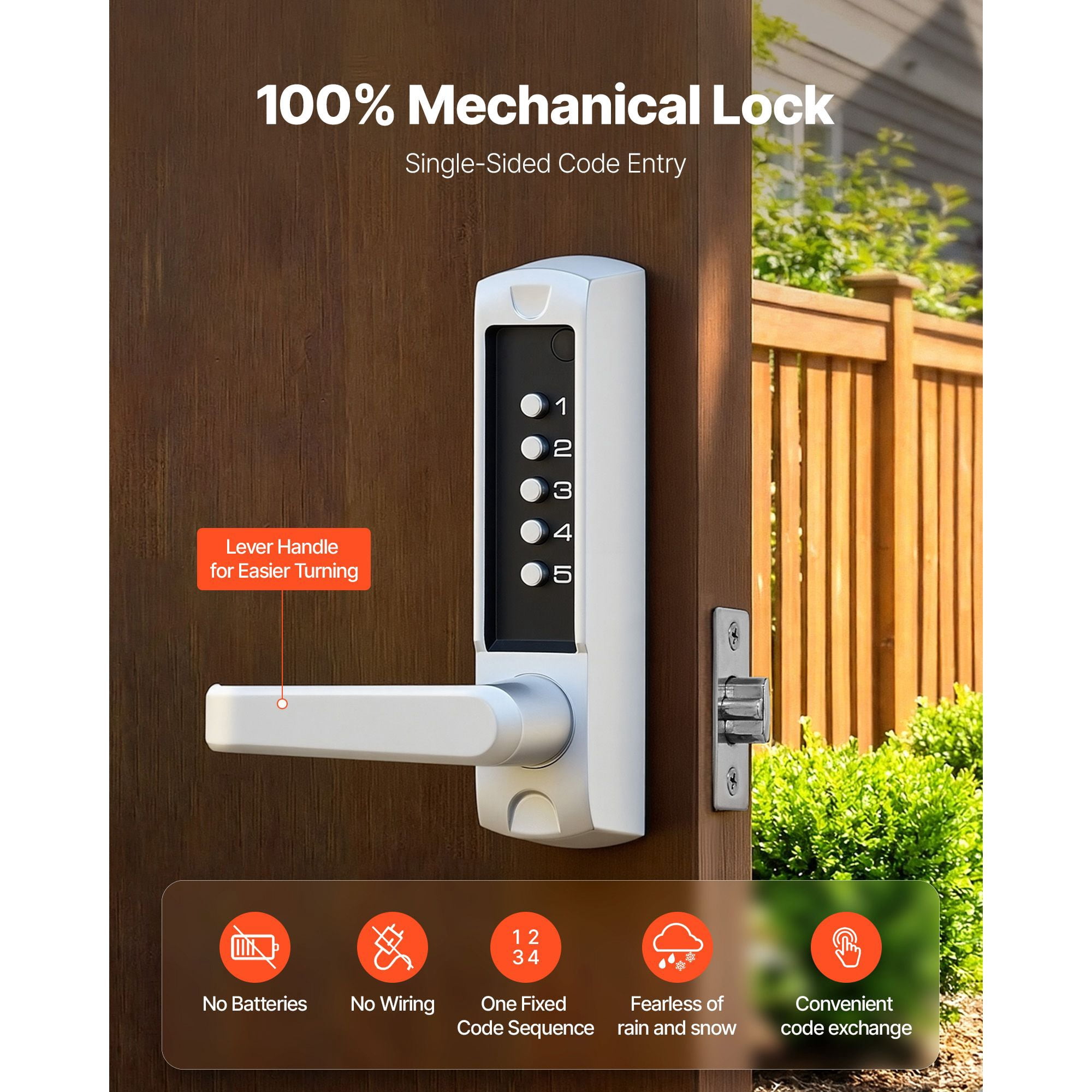 Mechanical Keyless Door Lock Gen2 Single-Sided 5-Digit Code Zinc Alloy for Front Gate Garden Garage