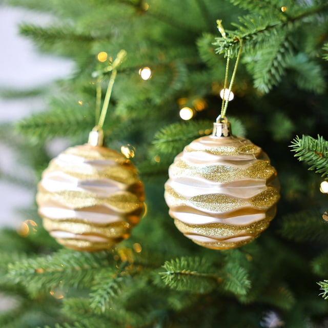 Christmas Tree Ornaments Set | Decorative Festive Holiday Balls with Unique Wave Texture | Assorted Colors Red Gold Blue Purple Brown | Hanging Plastic Design | 8cm | 2 Pack | Home Office Mall Decor