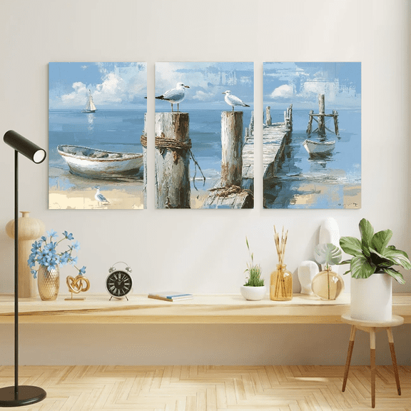 3pcs Coastal Canvas Wall Art Set, Wooden Framed Ocean Scenes with Boat and Seagulls, Abstract Seascape Print, Rustic Nautical Bathroom Decor Artwork