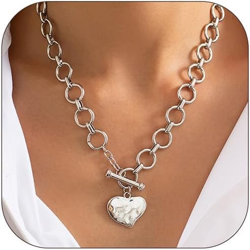 Chunky Heart Necklace for Women Non Tarnish Silver Beaded Necklace Dainty Layered Choker Trendy Toggle Necklace Titanium Stainless Steel Chain