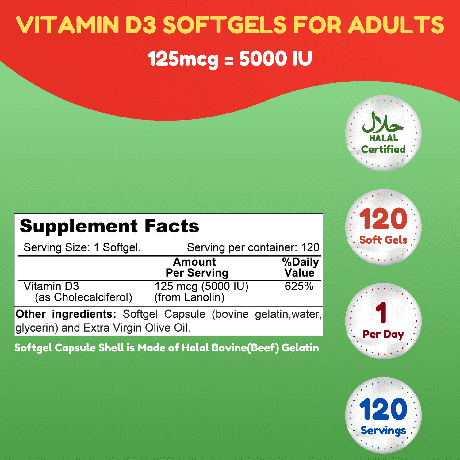 SHIFAA NUTRITION Vitamin D3 5000 IU Softgels, Halal, Non-GMO, 120 Ct – Supports Bone, Teeth, Muscle & Immune Health
