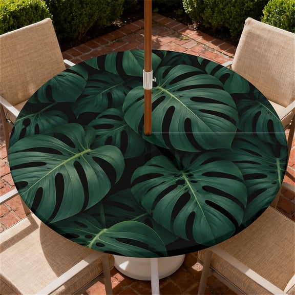 YESAD Round Outdoor Tablecloth For Up To 44in With Umbrella Hole & Zipper Waterproof Elastic Edge Fitted Table Cover Big Sunflower For Patio Picnic Party, Dark Monstera