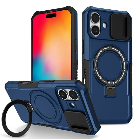 Case for iPhone 16, with Sliding Camera Cover, with Rotating Finger Ring Holder Magnetic Bracket Hybrid Hand Grip Protective Shockproof Phone Case Cover for iPhone 16 - Royalblue